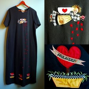 Vintage 90s Quacker Factory Maxi Dress Heart Angels Embroidered Short Sleeve